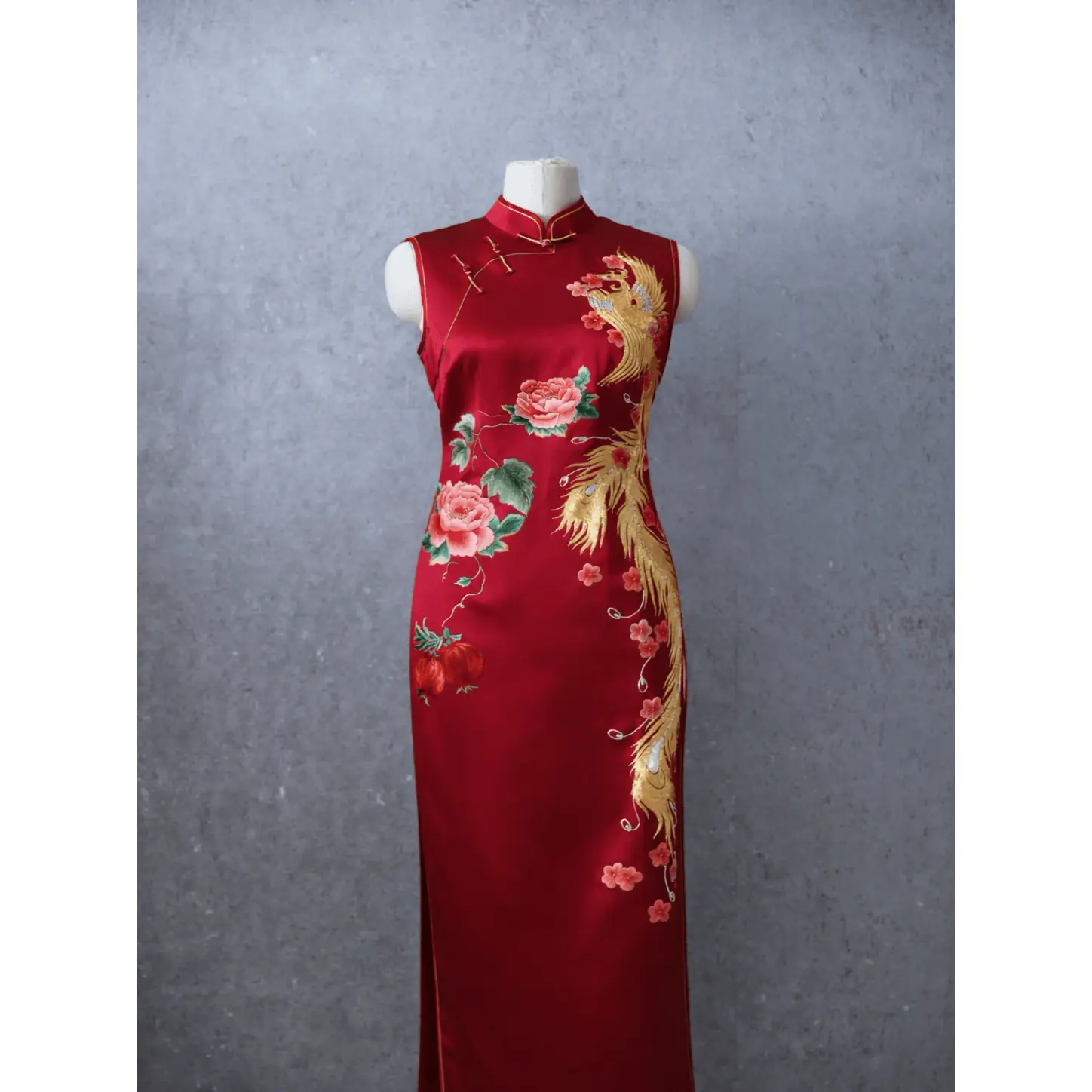 Wine Red Silk Qipao with Peony, Pomegranate & Phoenix Embroidery