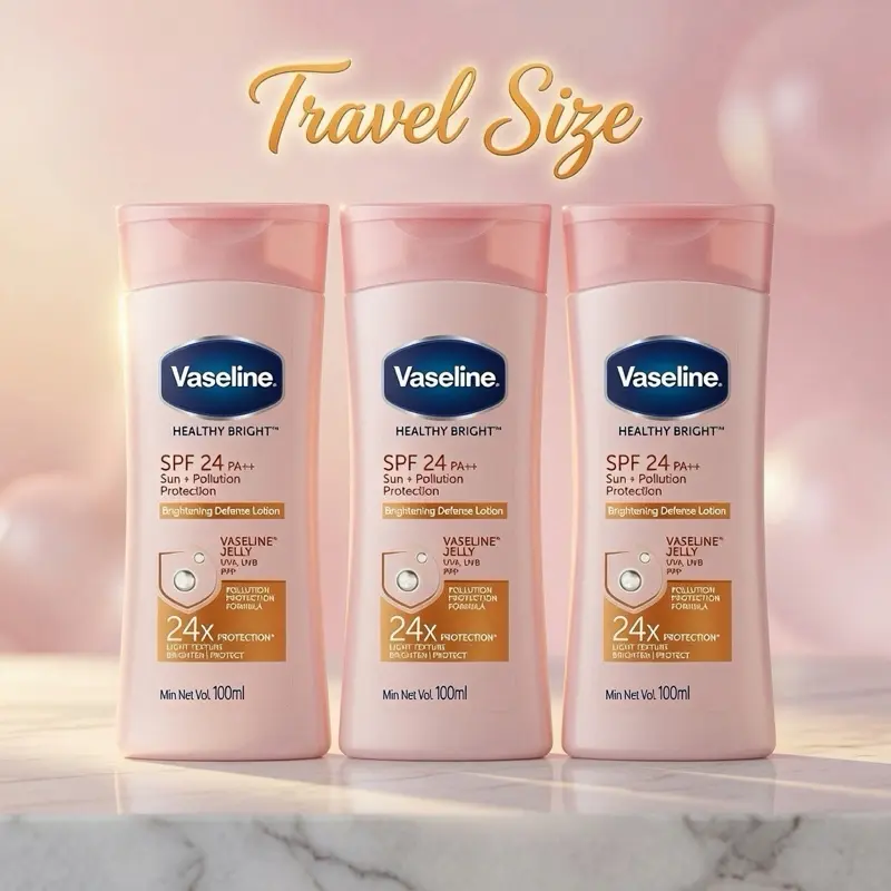 Vaseline Healthy Bright Cosmetic Body Lotion - SPF 24 PA++, UV Protection, Brightening, Hydrating Daily Body Care Moisturizer for Radiant Skin, 100ml Travel Size (3 Pack)