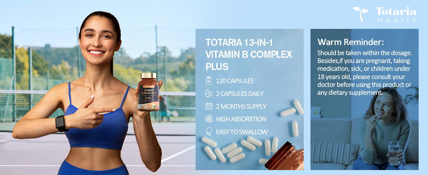 Totaria 13-in-1 Vitamin B Complex Plus with Vitamin B1, B2, B3 (Niacinamide), B4, B5, B6, B7 (Biotin), B8 (Inositol), B9 (Folate), B12, C, D3, K2 - Energy, Nerve, Immune, Skin Support - 120 Vegan Capsules Healthcare Supplement
