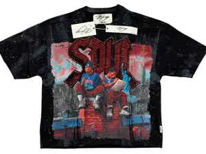 SOUL Cropped T-Shirt Acid Washed Black Rhinestone Lettering Y2K Streetwear Graphic Tee Men Relaxed Oversized Fit Vintage BKYS Bold Hip Hop Urban Statement Shirt Festival Fashion