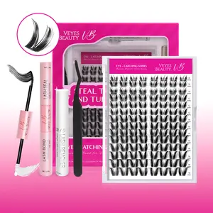 VEYESBEAUTY VB-Bunny Cluster Lashes 100% Handcrafted Ultra-thin Extremely Fine Invisible Band False Eyelash Wispy Faux Mink Lash Mixed Length DIY Eyelash Extension for Self Makeup Cosmetic Application at Home