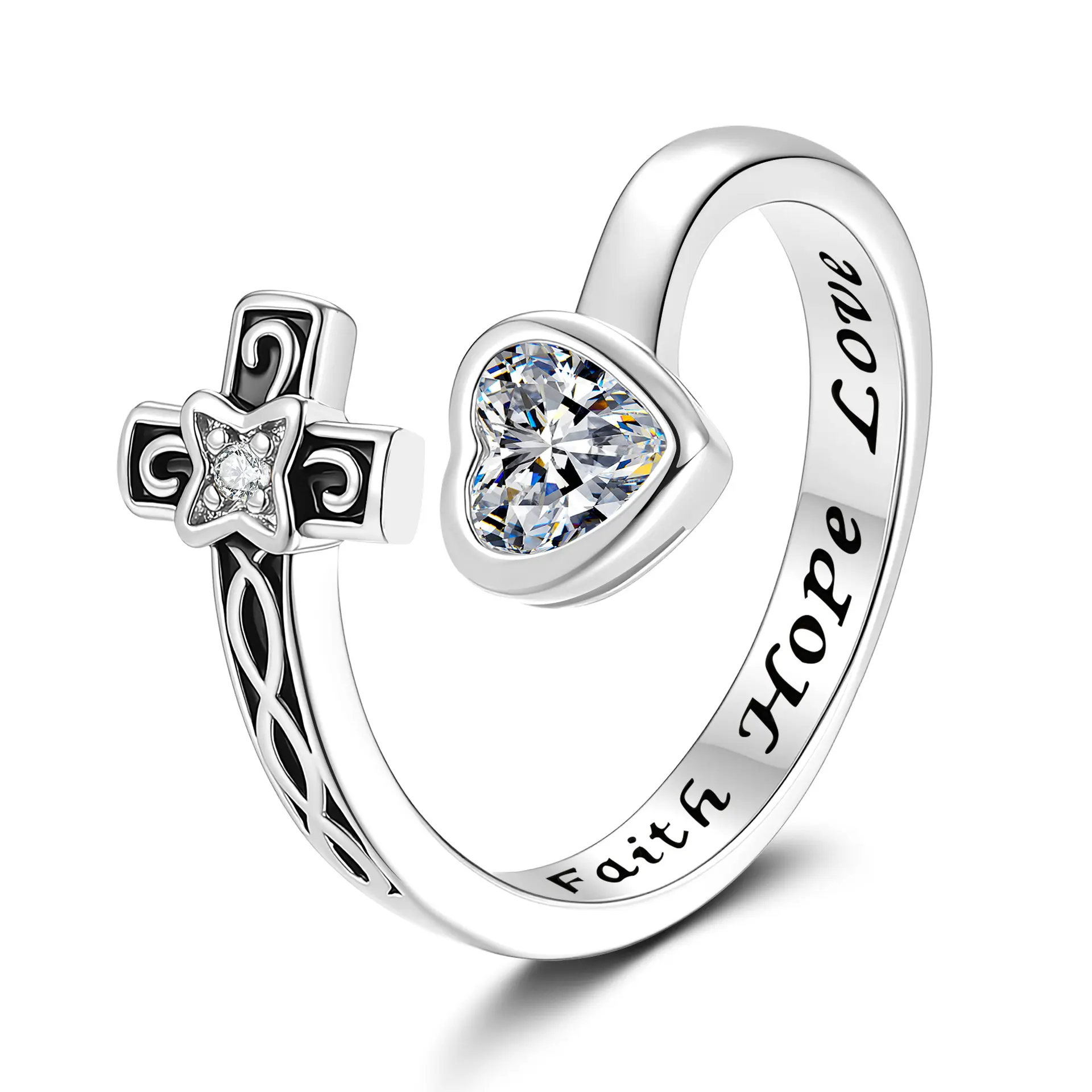 Vintage Retro High Gloss Artificial Zircon Heart Cross Ring - Adjustable Opening, Fits Most Fingers, Suitable for Couples, Ideal for Everyday Wear & Gifting