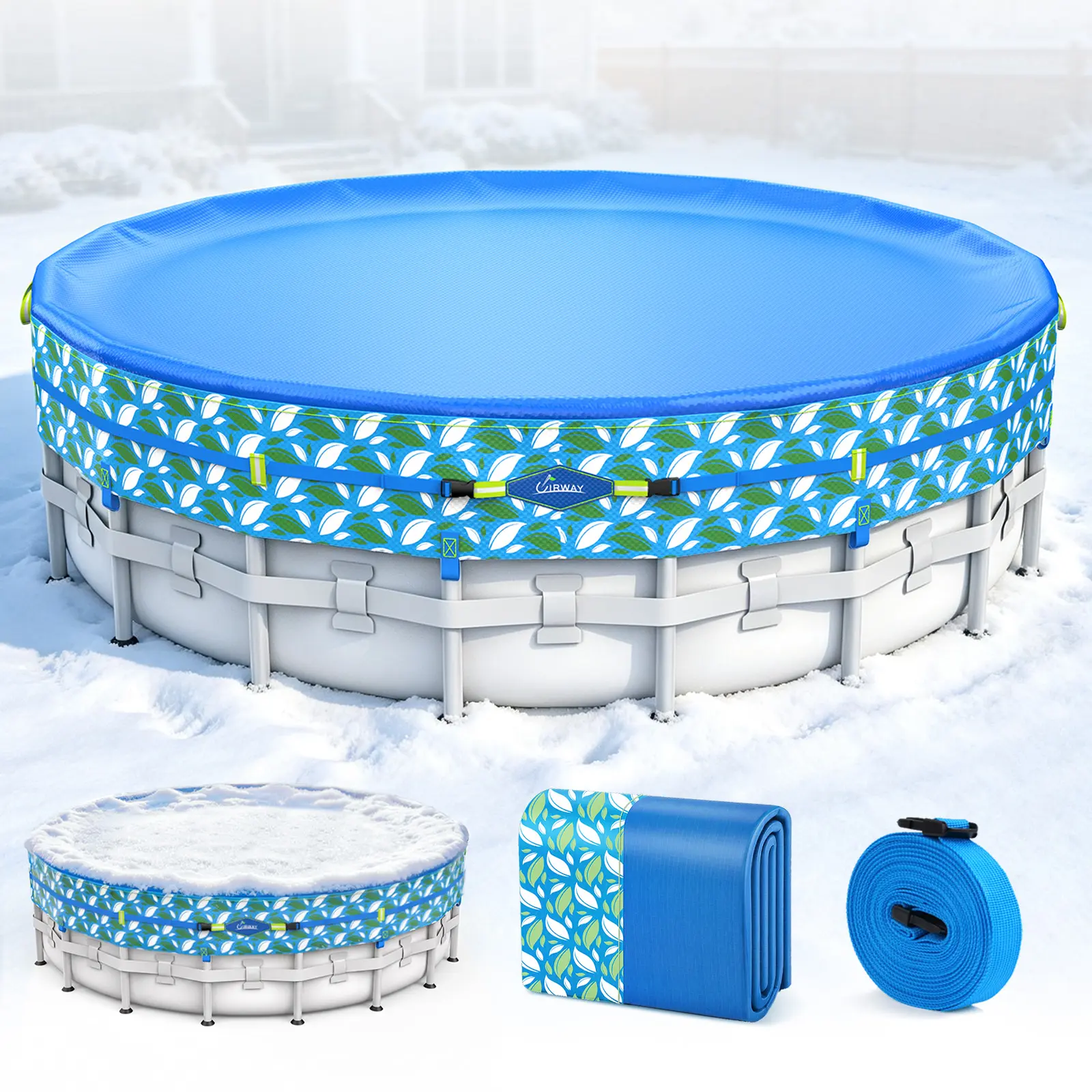 UIRWAY Winter Pool Cover for Round Above Ground Pools, Heavy Duty PE Pool Cover with Dual Straps & Weight Pockets, Reflective Safety Strips, Windproof All Weather Debris Protection -22°F to 122°F, Leaf Pattern, 12-33 Ft