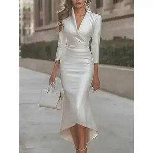 Women's Stunning V-Neck Satin Dress Elegant Shiny Long Sleeve Gown for Dinner Office Events Formal Occasion Wear Luxe Fabric Pair with Statement Earrings Womenswear Workwear Minimalist Basic Chic wedding guest dresses dress wedding guest