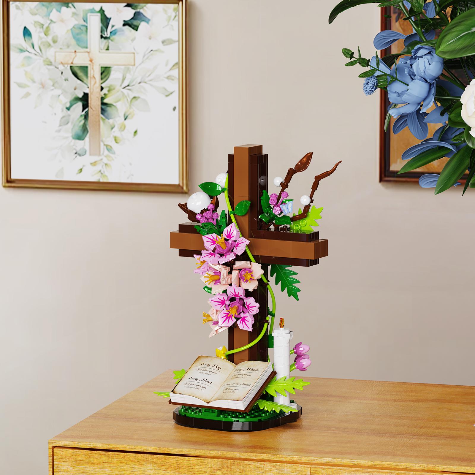 Jesus Cross Bouquet Building Set, Faith-Inspired Floral Block Kit Symbolizing Love, Hope & Resurrection, Memorial Display & Gift for Christian Believers