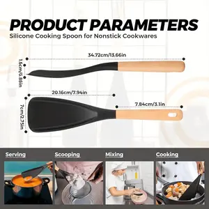 4/8pcs Cooking Spoons for Nonstick Cookware 12 Inch Silicone Spoon Spatula with Wood Handle for Cooking, Serving, Mixing, Scoop, And Scrape, Black