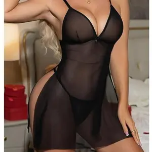 Tease & Ease Sheer Babydoll Lingerie Set for Women Soft Mesh Nightgown with Thong Sexy Sleepwear