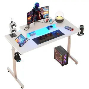 Bestier Gaming Desk with LED Lights & Monitor Stand, 42 inch Small Computer Desk Gamer Workstation with Cup Holder & Headset Hooks, Modern Simple Style Desk for Home Office