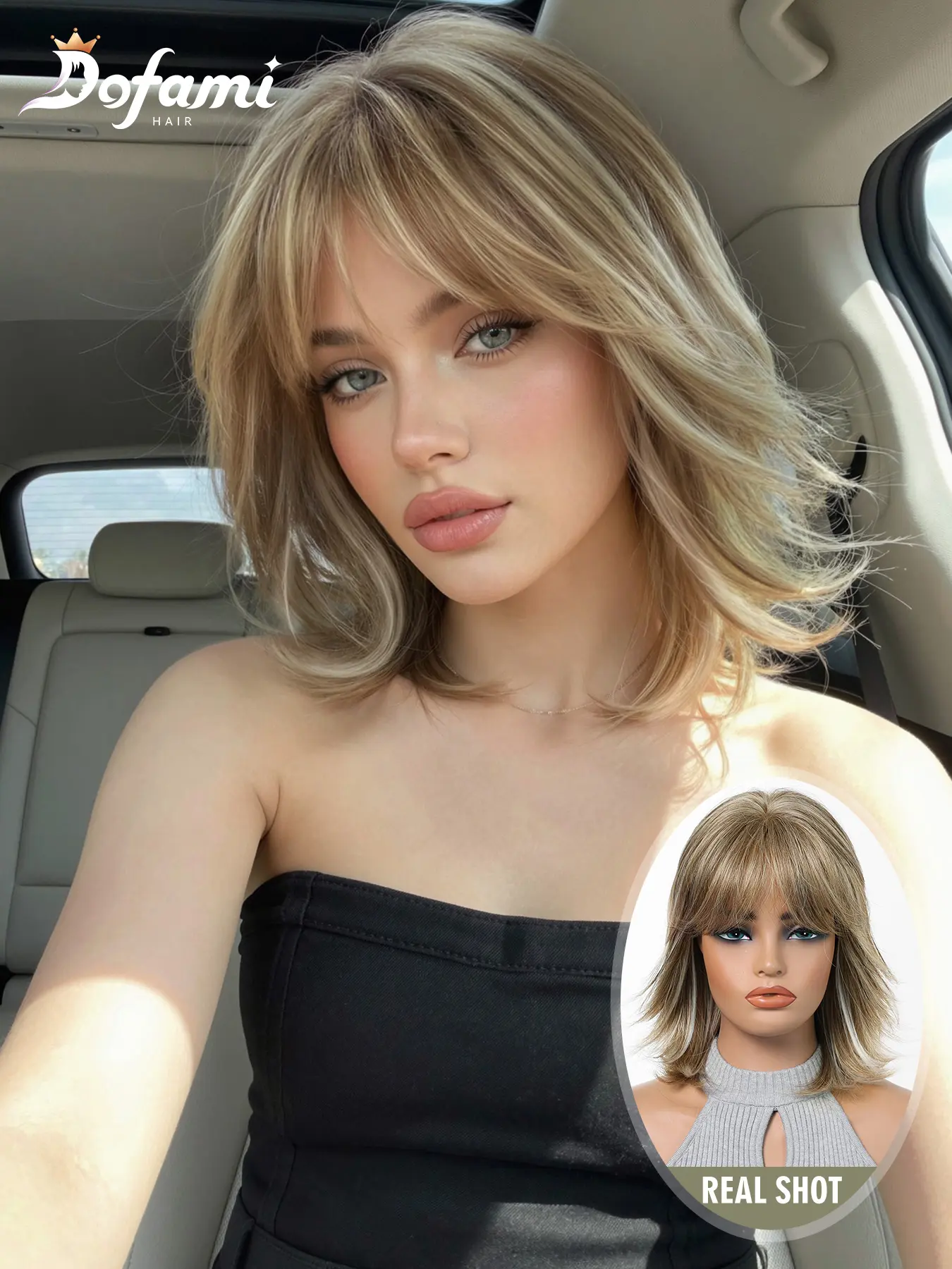 12-Inch Linen Gold Highlight High-Temperature Fiber Scalp Bangs Short Curly Hair, Synthetic Curly Wigs, Fashionable Rose Net Hat for Women's Stylish Look, Curtain Bang Wig, Curled Synthetic Wig, Wig with Bangs