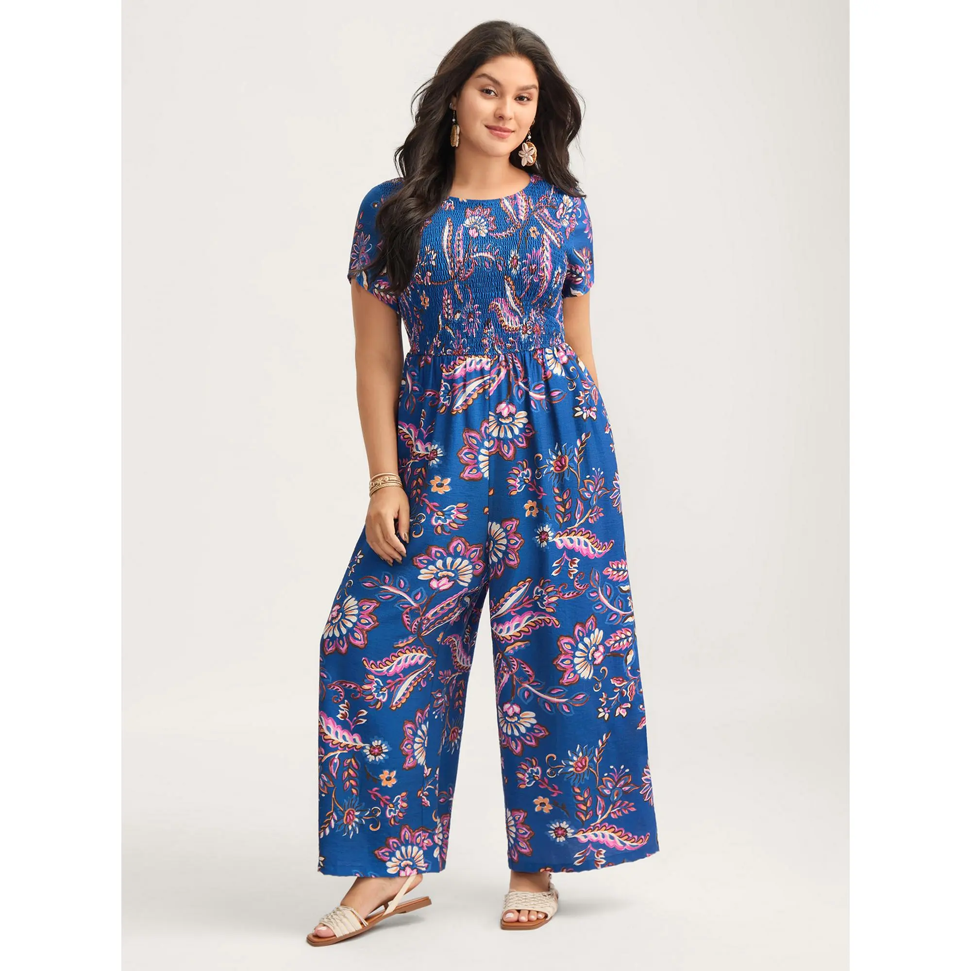 BLOOMCHIC Women's Plus Size Floral Shirred Bodice Pocket Nylon Jumpsuit - Sleeve,Smooth Fit Garment [M-6X]  Deals,Summerfinds