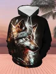 Men's casual 2-piece set, lion ink print hoodie and sweatpants, spring and autumn fashion outfit