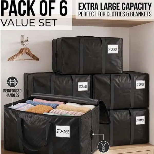 6-Pack Classic 90L (24 Gal) PP Material Storage Bags - Waterproof, Dustproof, Abrasion & Tear Resistant, Foldable Stackable with Tag Pocket & Handles for Clothing, Bedding (Black) - Home Organizers for Garage Organization Ideas, Campus Life