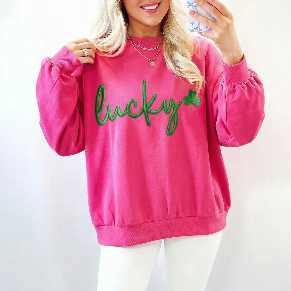 Women's Hoodie with Lucky Clover Embroidery, Casual Crew Neck Long Sleeve Sweatshirt, Polyester Blend Clothes for St. Patrick's Day Party, Embroidery Sweatshirt, Tops, Sweet, Classic, Basics