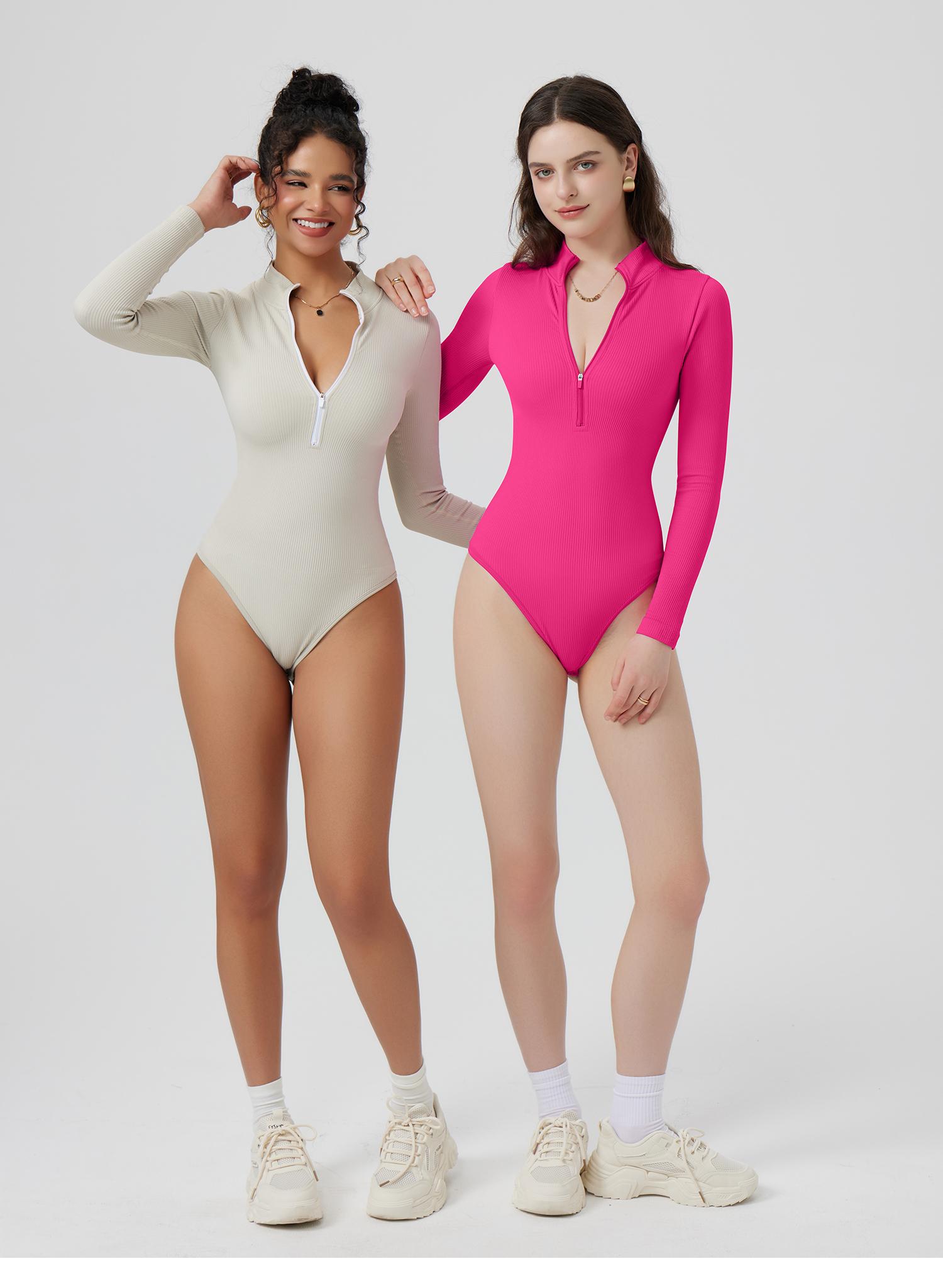 OQQ Women's 2 Piece Bodysuits Sexy Ribbed One Piece Zip Front Long Sleeve Tops Bodysuits SpringStatements