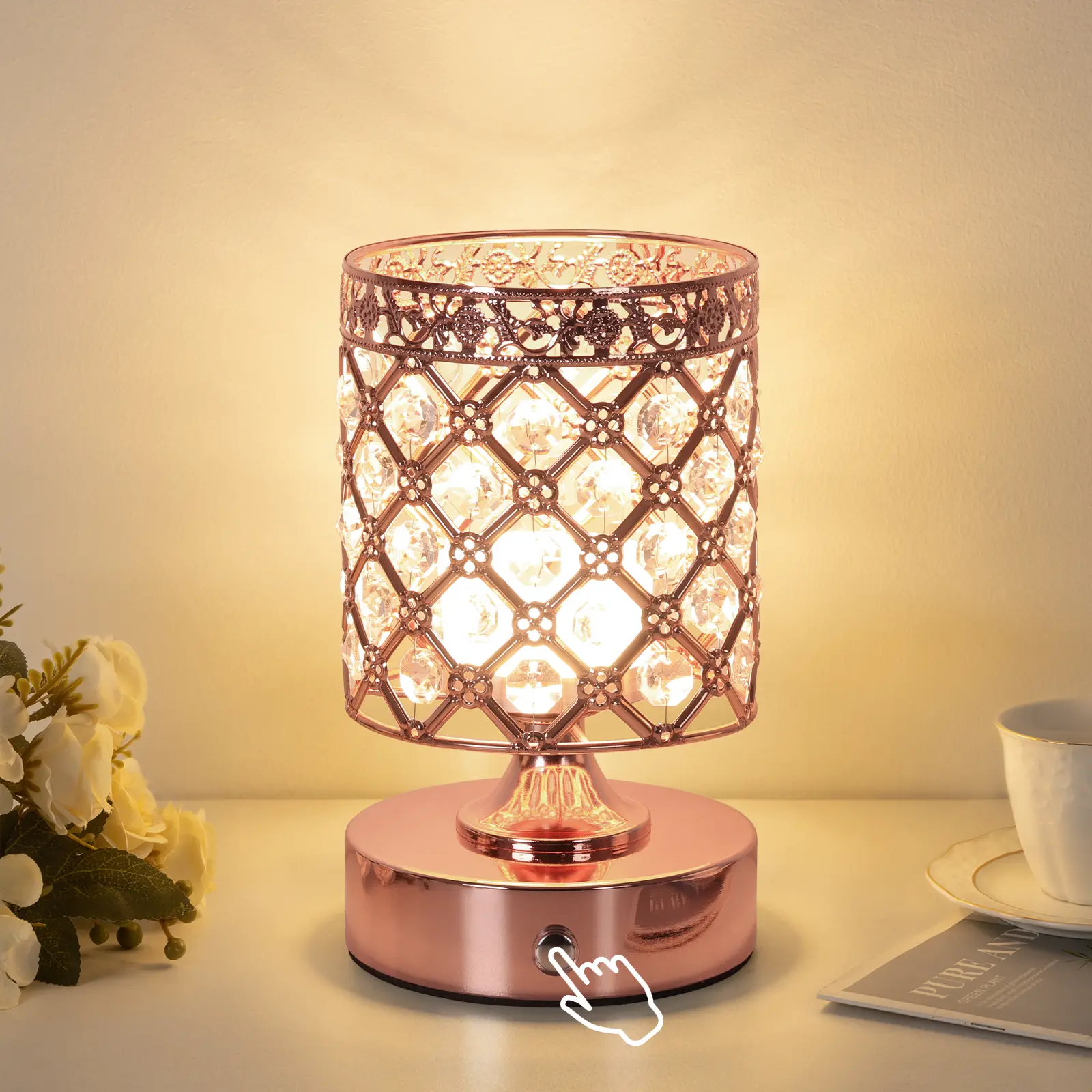 MATULSA 11in Crystal Shade Rechargeable Table Lamp - Touch Control Night Light with Batteries & Cells, Wireless Bedside Glow, Ideal Household Gift for Bedroom Home Decoration, Table Lamps,sohochic