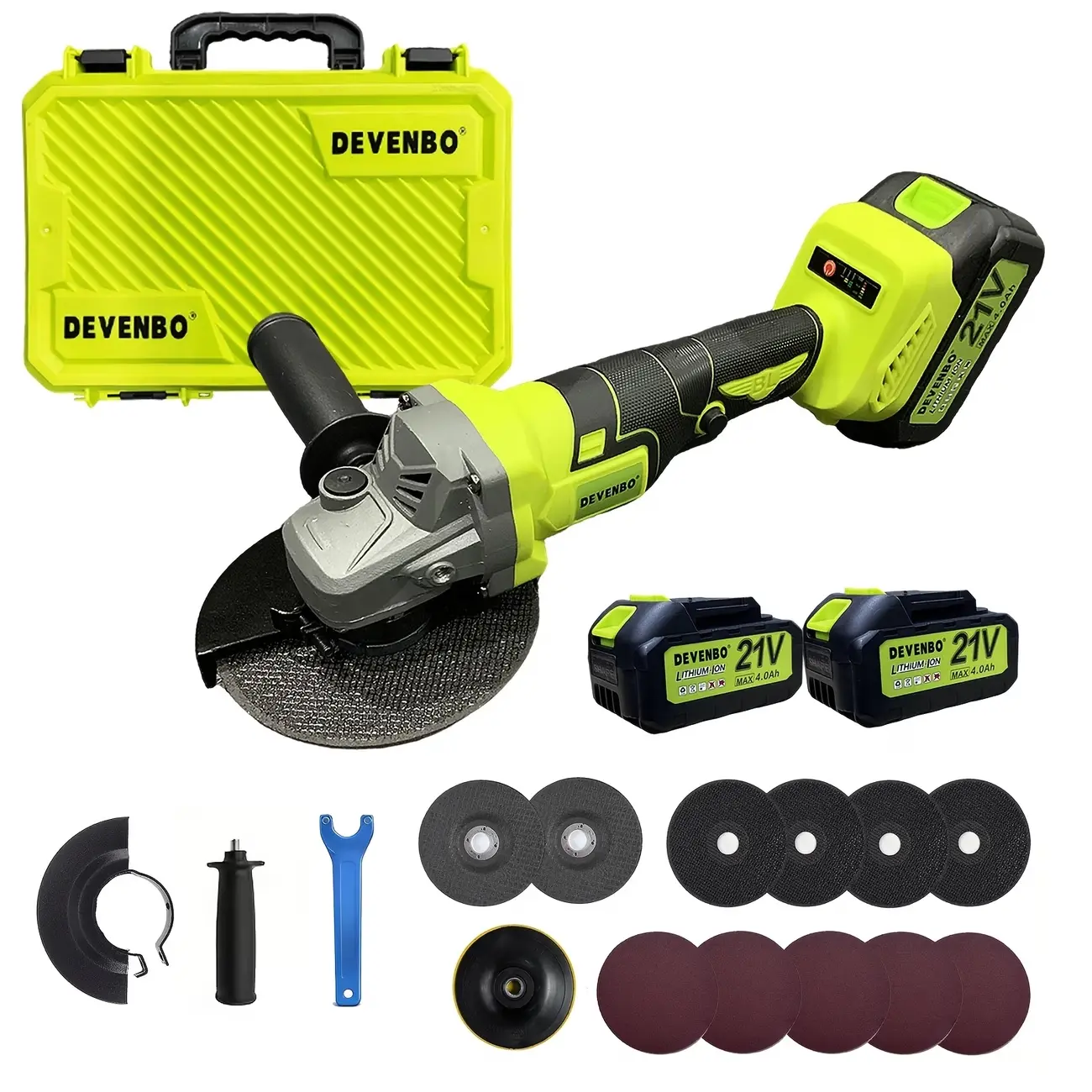 DEVENBO 21V Newly Upgraded Brushless Angle Grinder (285g, 40Wh) - Safe, Hazard-Free Household Power Tool with Compact Design, Side Handle, Lithium Battery (Includes Cells), Fast Charger, Full Accessories for Metal Grinding