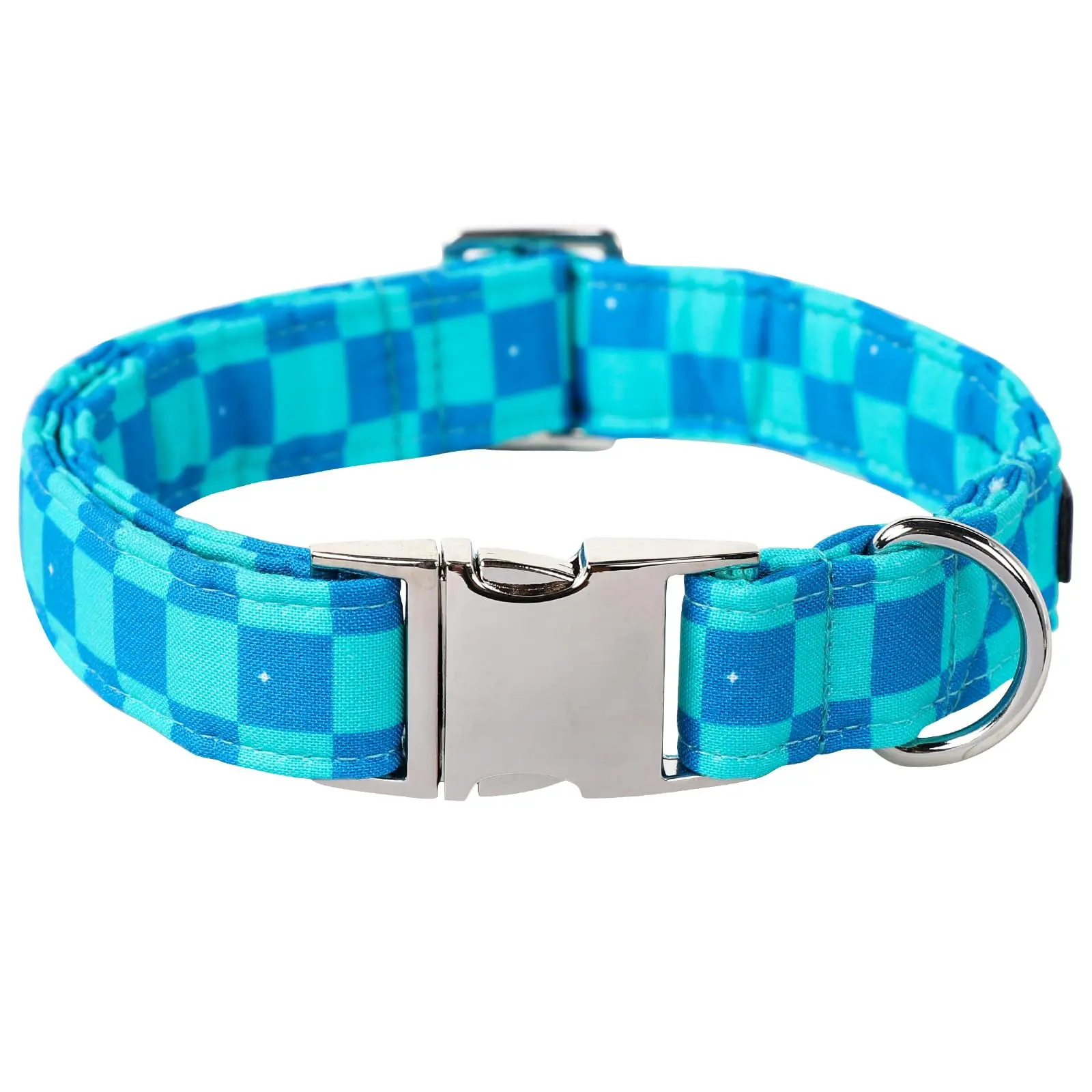 Maca Bates Blue Checkered Dog Collar, Adjustable & Durable Metal Buckle Dog Accessory - Quick Release Collar for Small Medium Large Male Female Dogs