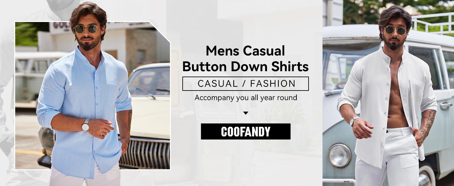 COOFANDY Men's Shirt Long Sleeve Linen Shirt Band Collar Button Down Shirts Oxford Dress Shirt