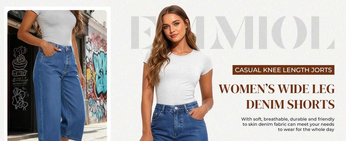 Emmiol Long Baggy Denim Jorts for Women - High Waisted Bermuda Y2k Jean Shorts Wide Leg Casual Trendy Streetwear Summer Pants