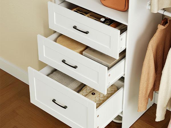 HOOBRO Multifunctional Storage Wardrobe，Closet with Hanging Rods, Closet Storage System, Closet System with 3 Drawers, Walk-in Wardrobe Organizer, Garment Rack, for Bedroom Cloakroom, White