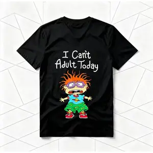 "I Can't Adult Today" Rugrats Cartoon American Retro Black Short-Sleeved Unisex T-Shirt, Nostalgic 90s Character Graphic, Casual Streetwear for Cartoon & Meme Enthusiasts, Unique Quirky Pop Culture Fashion Statement Piece Game funny crewneck menswear