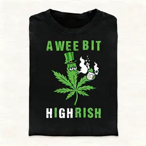 Men's Fun St. Patrick's Day T-Shirt - Irish Smoking Graphic T-Shirt with the slogan "A Wee Bit Highrish" and Irish flag design - 100% Breathable Crew Neck Casual Short Sleeve Shirt, Perfect for St. Patrick's Day Parties and Everyday Casual Wear A302