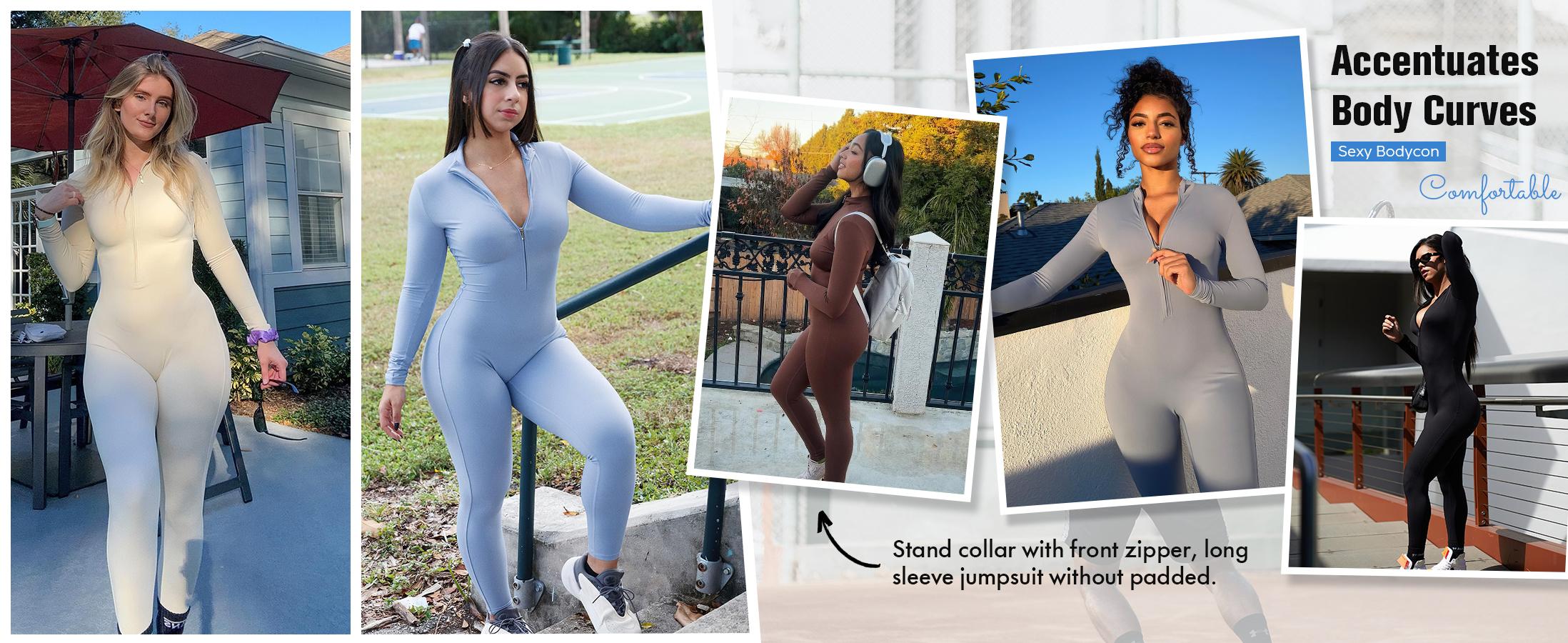 YEOREO Women  Workout Jumpsuit Zip Up Romper Bottom Pants Bodysuit Bodycon Sexy One Piece Fabric Spandex Womenswear Tops Stretchy Flexible SpringStatements