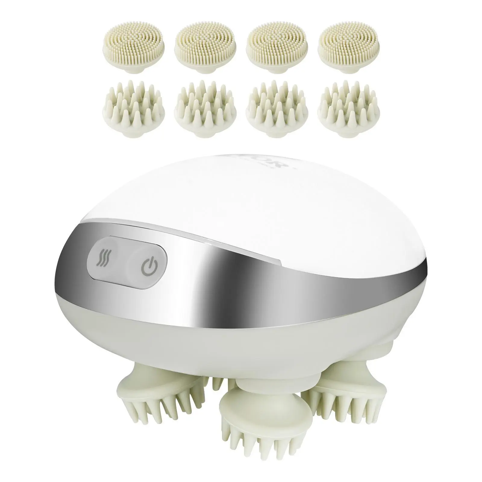 【Summerfinds】VEVOR Cordless Wireless Silicone Electric Scalp Massager with Heat, Rechargeable Compact Massage Device, IPX7 Waterproof Portable Kneading Scalp Scratcher with 8 Removable Heads for Hair Growth, Stress Relax, Facial, Rolling