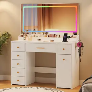 Large vanity table with colorful LED Lights mirror and power outlets, featuring 7 drawers. Includes hairdryer holder and rolling cart. White makeup table suitable for bedrooms or living rooms. Perfect gift for wives or daughters, teengirls birthday  gift