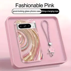 Luxury Rose Gold Swirl Phone Case with Flower Lanyard, Glitter Pink Art Aesthetic Cover for Google Pixel 8 Pro ---975