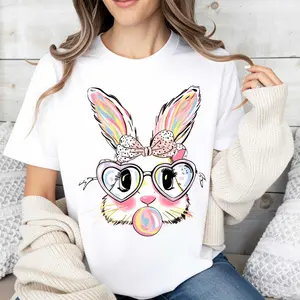 Cute Bunny Rabbit T-Shirt White Colorful Easter Bunny With Heart Glasses And Bubblegum Print For Spring And Holiday Wear