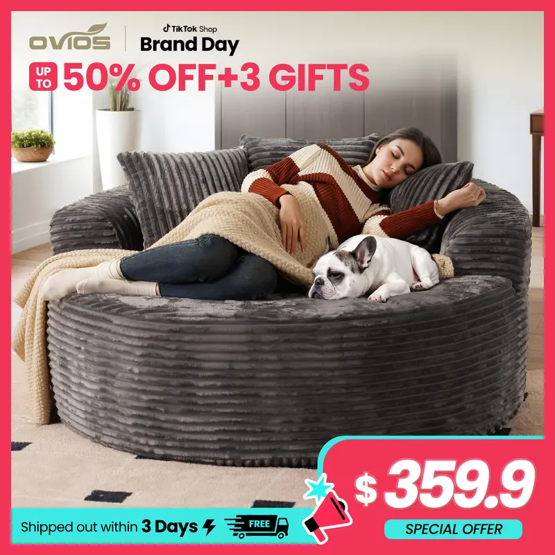 【Restock Deal】Ovios 59" W Oversized Round Sofa Bed - Fluffy Lazy Bean Bag, Modern Deep Seat Couch for Relaxation, Plush Corduroy Fabric, 3 Pillows Included, No Assembly Required