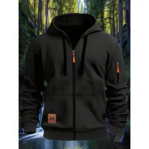 Men's Casual Hooded Zipper Jacket with Pockets, Long Sleeve Fleece Coat, Perfect for Spring & Fall, Solid Color Outerwear