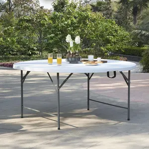 Home 5-Foot White Resin Bi-Fold Folding Table, 59" x 59" Portable and Lightweight, Sturdy Steel Legs, Indoor Outdoor Multipurpose Table