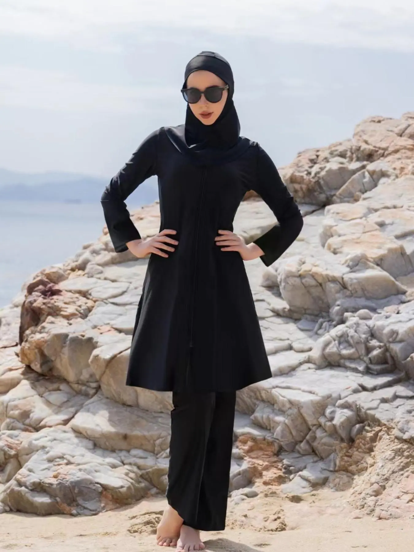Women's Solid Color Muslim Swimwear Set, Modest Bathing Suit, Modest Swimming Wear, Long Sleeve Top, Pants and Hat, Ladies Islamic Swimsuit for Beach Holiday Vacation, Swimsuit with Sleeves