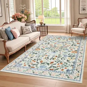 Washable Living Room Rug 6x9 Farmhouse Floral Accent Rug with Non-Slip Backing, Stain-Resistant Soft ，for Dining Room, Bedroom, Kids Room, Green