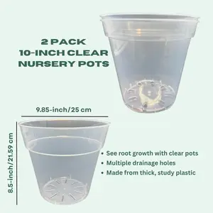 10-Inch Large Clear Nursery Pot | 2 Pack | Transparent Plastic Planter for Indoor & Outdoor Plants