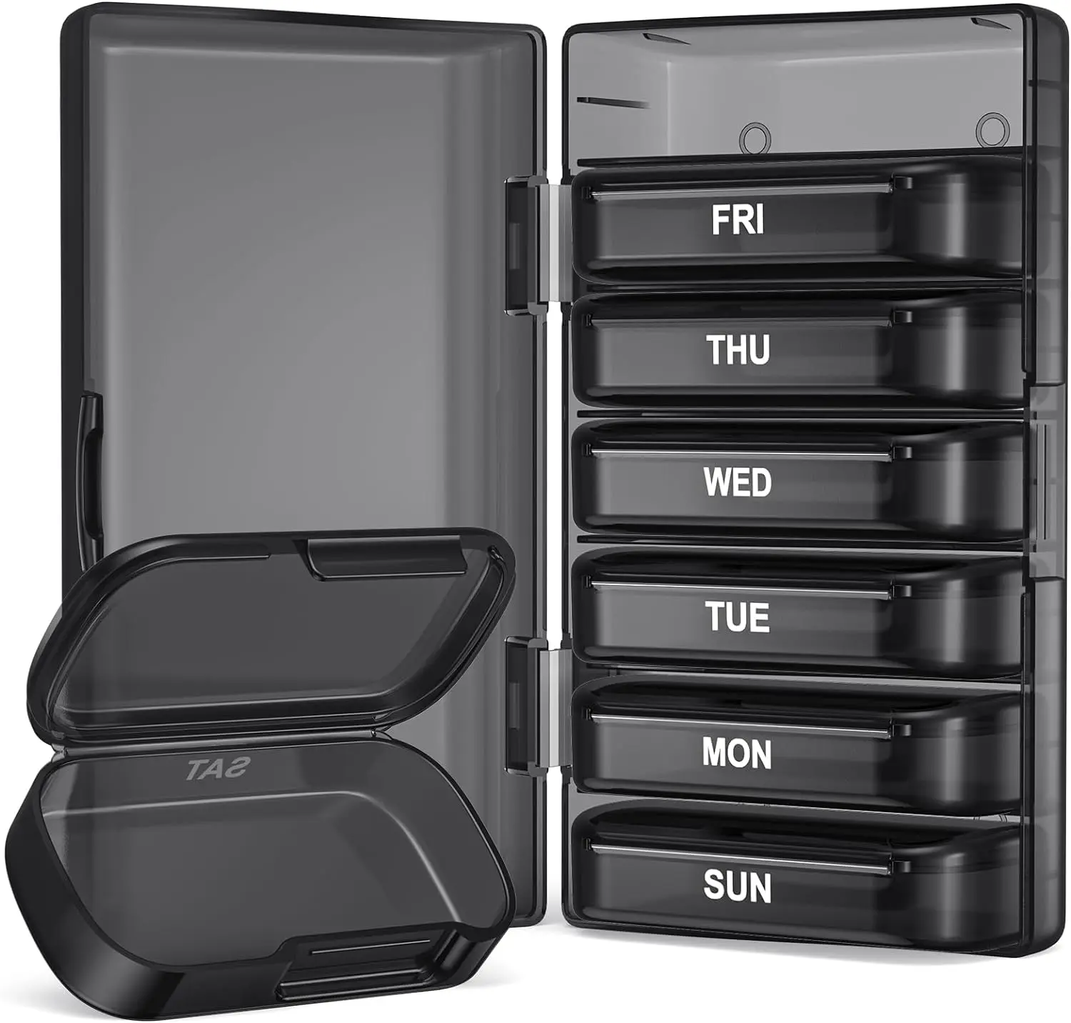 Weekly Pill Organizer with Large Capacity, Dual Protection (Black) | Pill Box 7 Day, Arthritis Friendly Pill Case Easy to Open, Medicine Organizer for Vitamins, Medication, Fish Oils, Supplement