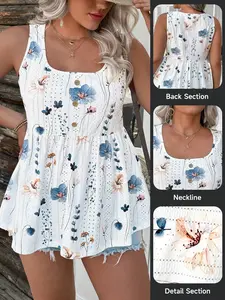 LUNE Plus Size Textured Knit Embroidered Floral Tank Top – Fitted Sleeveless Summer