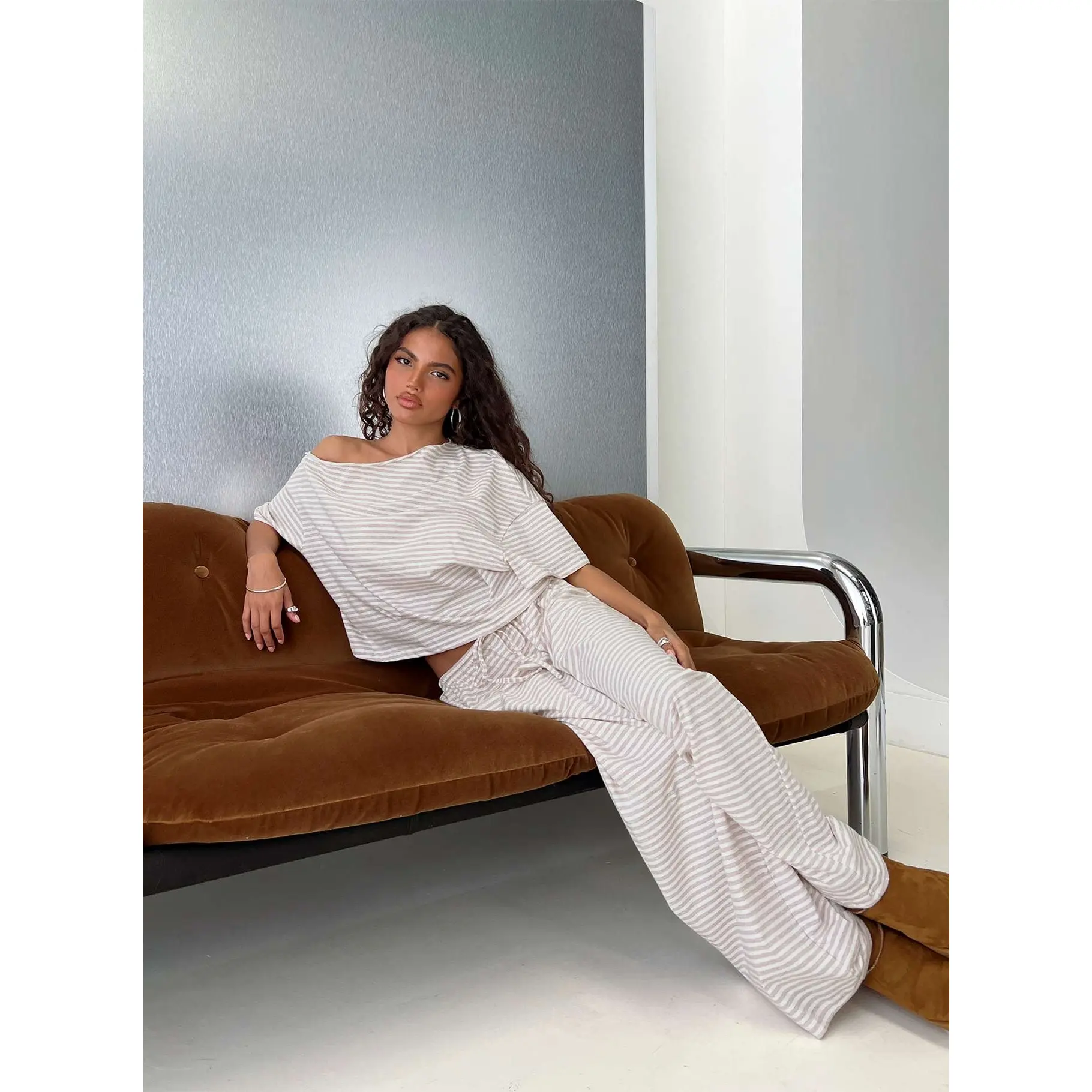 Tobie Off Shoulder Sleep Set Beige Stripe Tobie Off Shoulder Sleep Set Beige Stripe