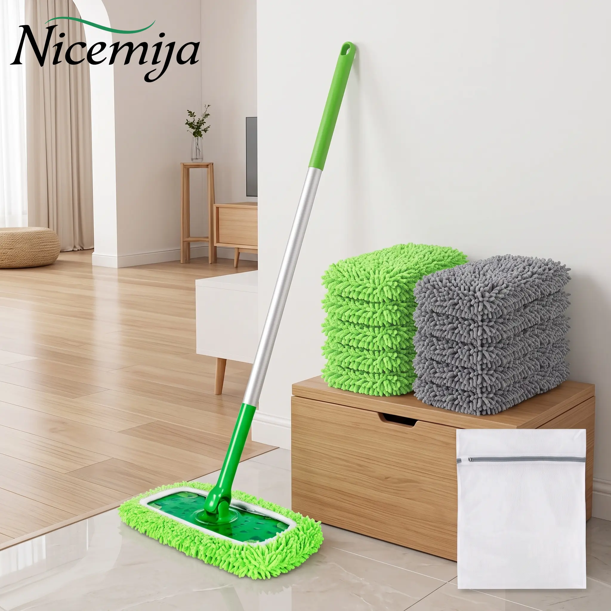 Nicemiya 10Pcs Chenille Mop Pads Reusable Compatible with Swiffer Sweeper Extra-Thick Pads Dry Wet Cloths Machine Washable Mopping Floors Wall Cleaning Cloths