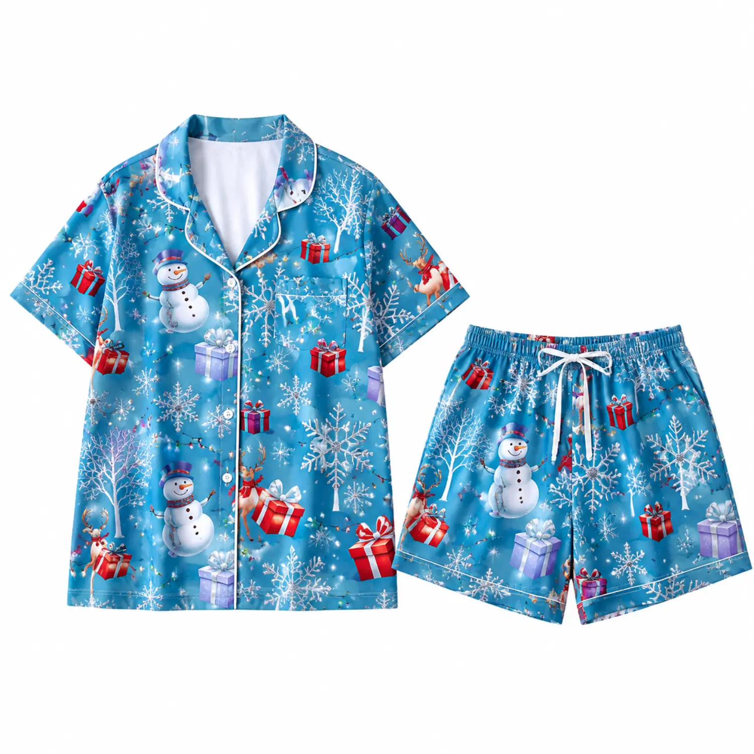 Christmas Snowman Print Pajama Set, Short-Sleeve Button-Down Sleepwear with Elastic-Waist Shorts, Blue Holiday Loungewear