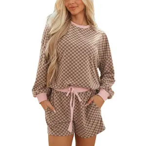 Asvivid Women's Checkerboard Long Sleeve Pullover Top and Shorts Two Piece Set with Pockets Casual Everyday Womenswear Clothes for Spring Autumn Trendy Outfit