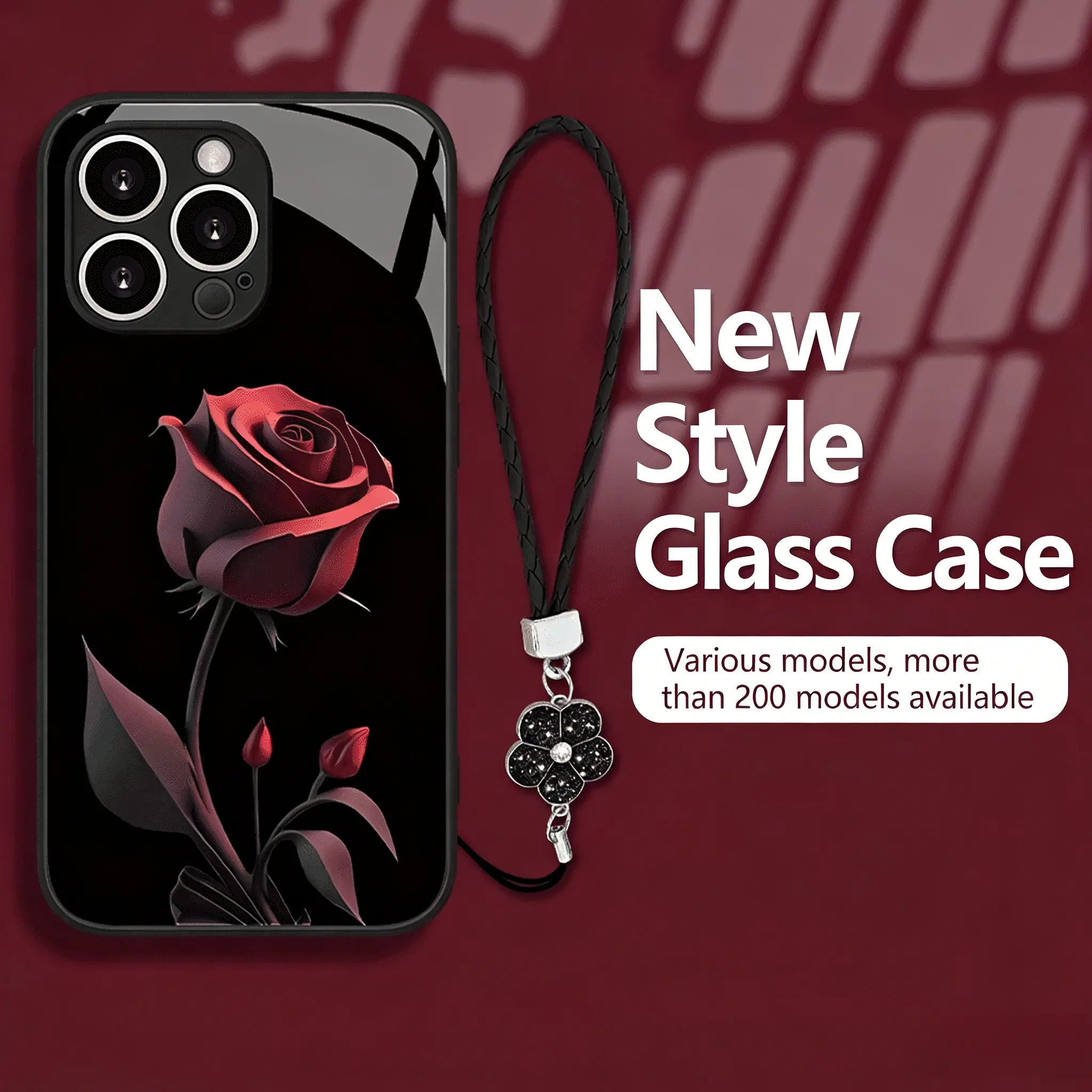 Brand new, high-end dark rose🌹 women phone case, comes with a four-leaf clover lanyard, features drop protection and fingerprint resistance, with a simple and stylish design, available in multiple colors 995