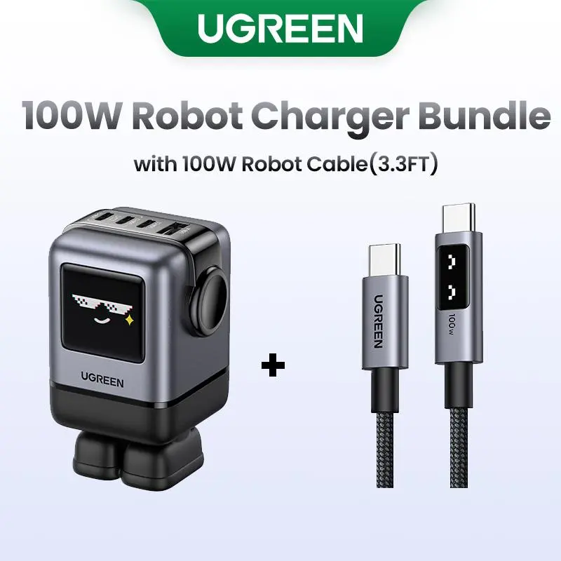 UGREEN Uno 100W/65W/30W Robot Charger Bundle with 100W 3.3 FT Fast Charging Cable, Fast Charging for Macbook, iPhone 17/16 Pro Max, Samsung,September Restock，DealsForYouDays