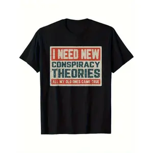 Men'S & Women'S Funny Conspiracy Theory Graphic T-Shirt - "I Need New Conspiracy Theories" Slogan Tee - Heavyweight 220GSM Shirt - Black with Red & White Print - Regular Fit Casual Casual Attire - Sizes S-XXXL - Perfect Gift for Conspiracy Theory Fa