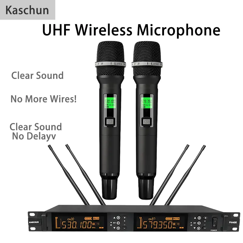 Kaschun Professional 2-Channel Wireless Microphone System - 2 Handheld Singing Mics, 328ft Long Range, Auto-Scan, 200 Adjustable Frequencies for Karaoke, Church, Singing Mic