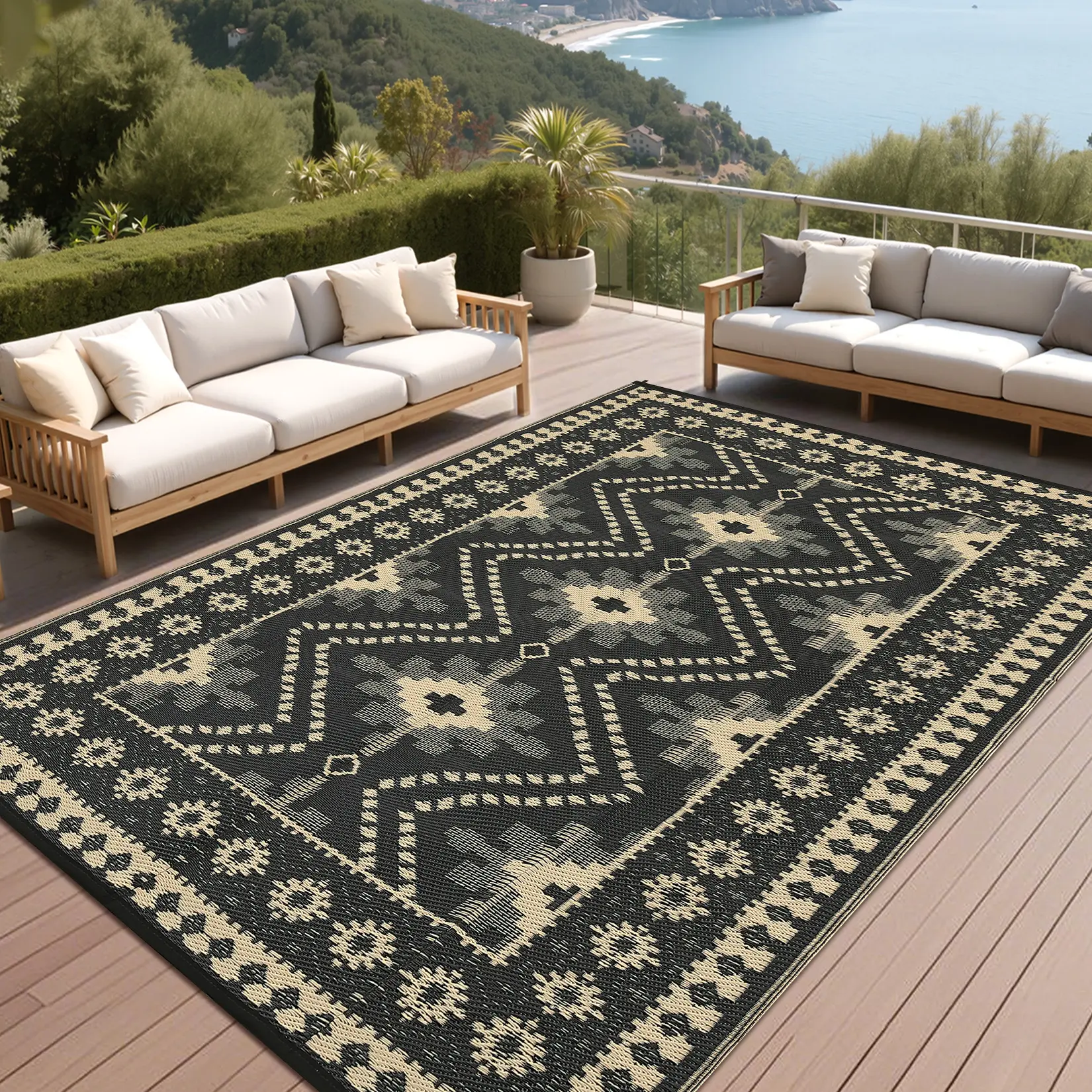 Outdoor Waterproof Garden Rug Double-Sided Plastic Straw Woven Outdoor Rug Retro Geometric Print Foldable and Portable for Indoor and Outdoor Use Ideal for Patios Balconies Beaches Picnics and RVs