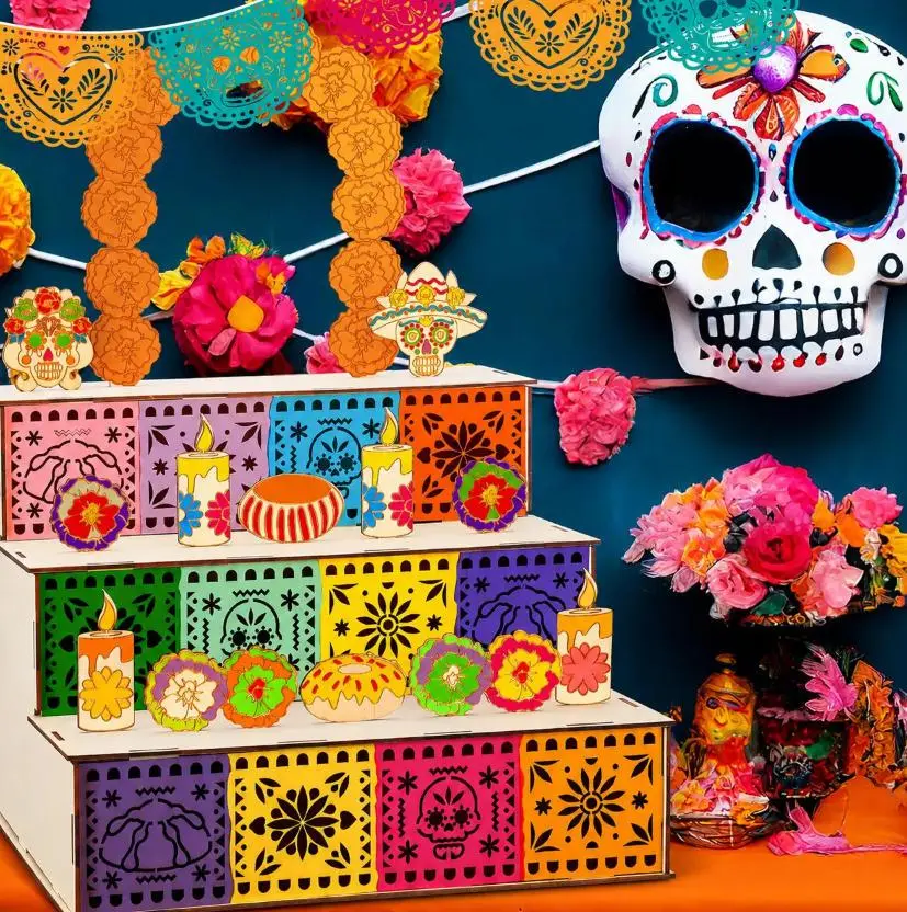 3-Tier Wooden Día de los Muertos Altar Display Set, Mexican Ofrenda Festive Centerpiece Decor with Sugar Skull, Marigold Flowers, Candles, Papel Picado