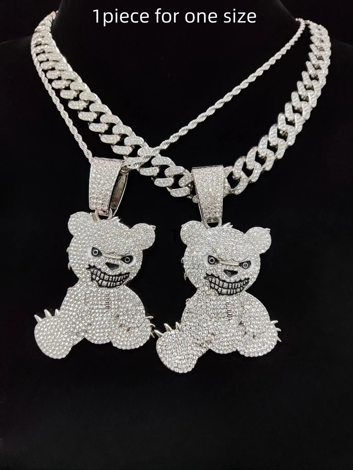 Unisex Punk Style Bear Pendant Necklace, Rhinestone Decor Cuban Chain Necklace, Jewelry for Party, Daily Decor, Bling Accessory, Birthday Gift, Valentine's Day, Cuban Link Chain, Rhinestone Decorated Necklace, Necklaces Men, Statement Necklace